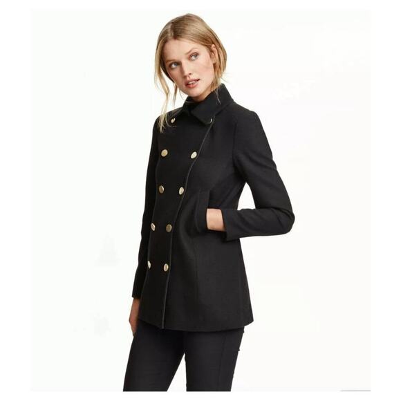 H&M Double Breasted Peacoat Wool Blend Jacket Black Gold Size 2 Buttons Warm Y2K - Picture 2 of 10